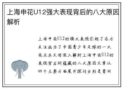 上海申花U12强大表现背后的八大原因解析